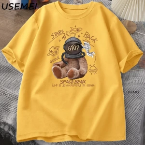 Komik Uzay Ayı T-shirt Erkek Kadın Rahat Pamuk Kısa Kollu Yuvarlak Boyun Tshirt Gevşek Nefes  3036