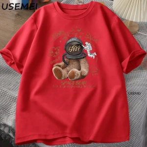 Komik Uzay Ayı T-shirt Erkek Kadın Rahat Pamuk Kısa Kollu Yuvarlak Boyun Tshirt Gevşek Nefes  3036