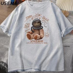 Komik Uzay Ayı T-shirt Erkek Kadın Rahat Pamuk Kısa Kollu Yuvarlak Boyun Tshirt Gevşek Nefes  3036