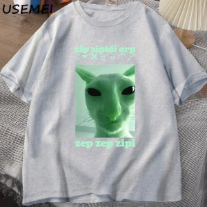 Komik Uzaylı Kedi Dank Meme T Shirt Erkekler Kadınlar için Brainrot T-shirt Aptal Cringe Tshi 2805