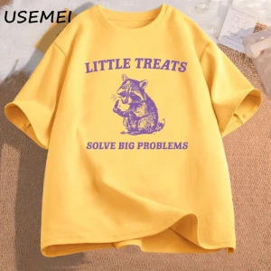 Küçük davranır büyük sorunları çözmek komik rakun baskı T Shirt erkek kadın moda Harajuku Ret 3091