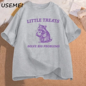Küçük davranır büyük sorunları çözmek komik rakun baskı T Shirt erkek kadın moda Harajuku Ret 3091