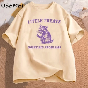 Küçük davranır büyük sorunları çözmek komik rakun baskı T Shirt erkek kadın moda Harajuku Ret 3091