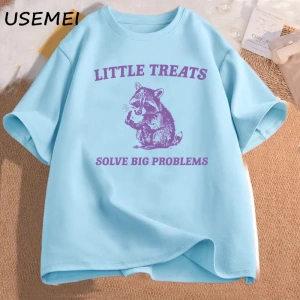 Küçük davranır büyük sorunları çözmek komik rakun baskı T Shirt erkek kadın moda Harajuku Ret 3091