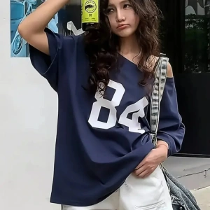 Lacivert Kadın Düşük Omuz Kayık Yaka Baskılı