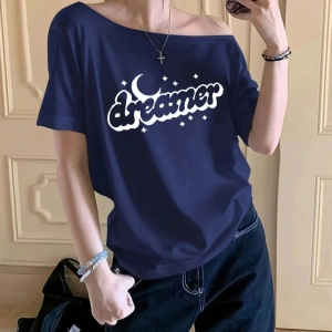 Lacivert Kadın Düşük Omuz Kayık Yaka Dreamer Baskılı