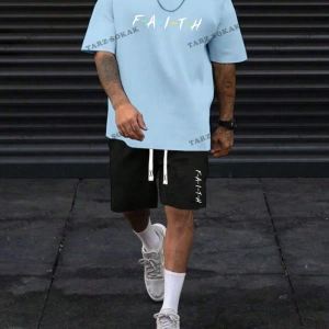 LEGND Erkek Ağız Ve Sloganlı Grafikli Tişört ve İpli Bel Şort