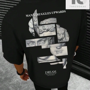 LEGND Erkek Heykel & Slogan Grafikli Düşük Omuz Tişörtü