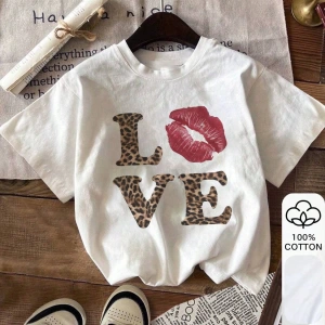 Leopar LOVE Baskı, Yazlık Kadın %100 Pamuklu Kısa Kollu, Beyaz Kısa Kollu, Grafik Tişörtler,