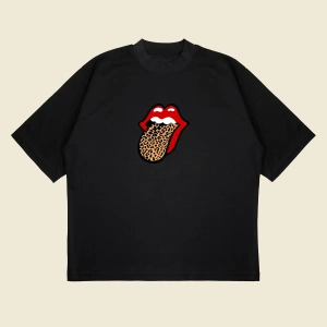 Leopar Rolling Stones Baskılı Oversize Unisex Pamuklu Nefes Alan Kalın Kumaşlı
