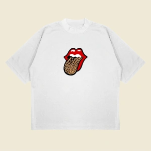 Leopar Rolling Stones Baskılı Oversize Unisex Pamuklu Nefes Alan Kalın Kumaşlı