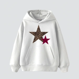 Leopar Starz Baskılı Oversize Unisex Beyaz