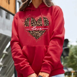 Leopard & Heart Print Kangaroo Pocket Drawstring Hoodie Kırmızı