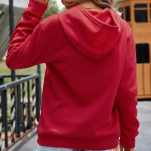 Leopard & Heart Print Kangaroo Pocket Drawstring Hoodie Kırmızı