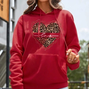 Leopard & Heart Print Kangaroo Pocket Drawstring Hoodie Kırmızı