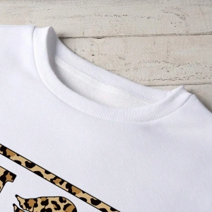 Leopard & Letter Graphic Lined Sweatshirt Beyaz
