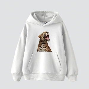 Leopard Siluet Baskılı Oversize Unisex Premium Beyaz