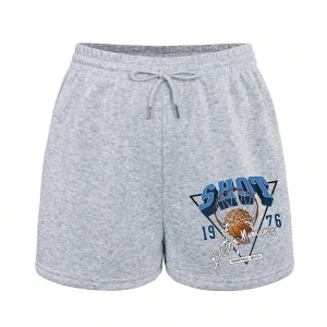 Letter & Basketball Print Drawstring Waist Şort