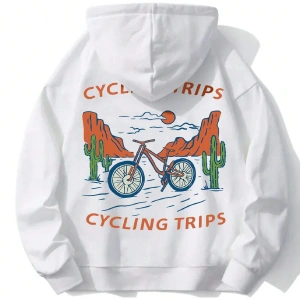 Letter & Bike Print Drop Shoulder Drawstring Hoodie Beyaz