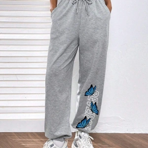 Letter & Butterfly Print Slant Pocket 4 Mevsim Eşofman