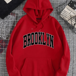 Letter Graphic Drawstring Kangaroo Pocket Hoodie Kırmızı