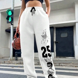 Letter Graphic Drawstring Waist 4 Mevsim Eşofman