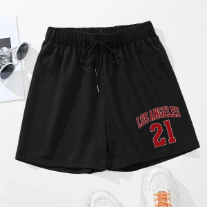 Letter Graphic Drawstring Waist Şort