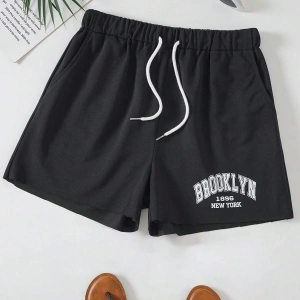 Letter Graphic Drawstring Waist Şort