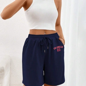 Letter Graphic Drawstring Waist Şort