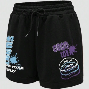 Letter Graphic Drawstring Waist Şort