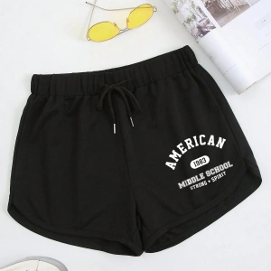 Letter Graphic Drawstring Waist Track Şort