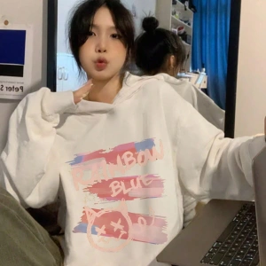 Letter Graphic Drop Shoulder Oversized Hoodie Beyaz