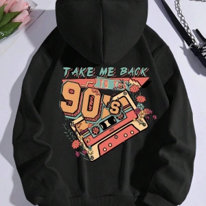 Letter Graphic Kangaroo Pocket Drawstring Lined Hoodie Siyah