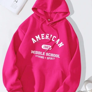 Letter Graphic Kangaroo Pocket Drawstring Lined Hoodie Sweatshirt Pembe