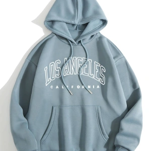 Letter Graphic Kangaroo Pocket Lined Drawstring Hoodie MAVİRENK