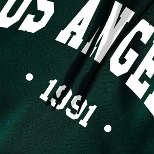 Letter Graphic Lined Kangaroo Pocket Hoodie Yeşil