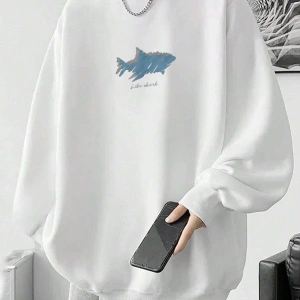 Letter & Shark Print Drop Shoulder Pullover Beyaz