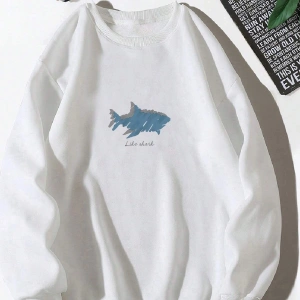 Letter & Shark Print Drop Shoulder Pullover Beyaz