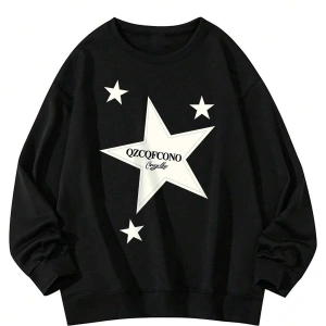 Letter & Star Pattern Drop Shoulder Pullover Siyah