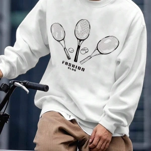 Letter & Tennis Racket Print Drop Shoulder Sweatshirt Beyaz