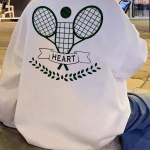 Letter & Tennis Racket Print Drop Shoulder Sweatshirt Beyaz