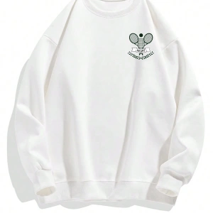 Letter & Tennis Racket Print Drop Shoulder Sweatshirt Beyaz