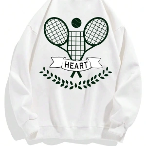 Letter & Tennis Racket Print Drop Shoulder Sweatshirt Beyaz