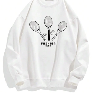 Letter & Tennis Racket Print Drop Shoulder Sweatshirt Beyaz