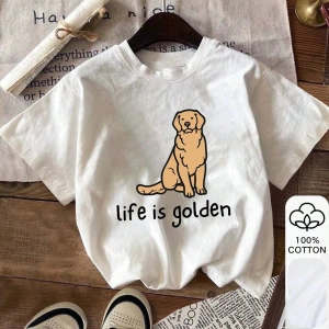 Life Is Golden & Dog Print, Yazlık Kadın %100 Pamuklu Kısa Kollu, Beyaz Kısa Kollu, Grafik Ti