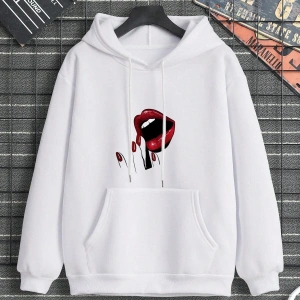Lip Print Kangaroo Pocket Drawstring Hoodie Beyaz