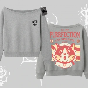 Live Nine Lives Kedi Tasarımlı Kayık Yaka Sweatshirt