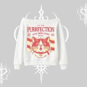 Live Nine Lives Kedi Tasarımlı Kayık Yaka Sweatshirt