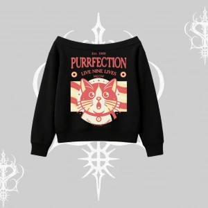 Live Nine Lives Kedi Tasarımlı Kayık Yaka Sweatshirt