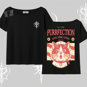 Live Nine Lives Kedi Tasarımlı Kayık Yaka Tshirt